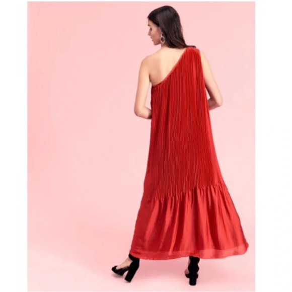 Free People Chelsea Pleated Gown one shoulder red shiny flowy dress size large - Picture 2 of 11